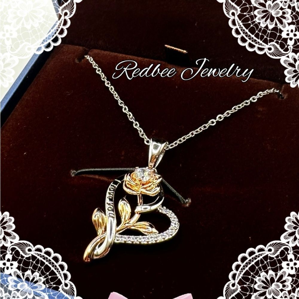 NIB, RG/WG Rose and Heart "I love you" 18k GP over 925 necklace!